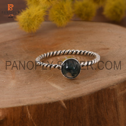 Round Moss Agate Oxidized Silver Twist Band Ring