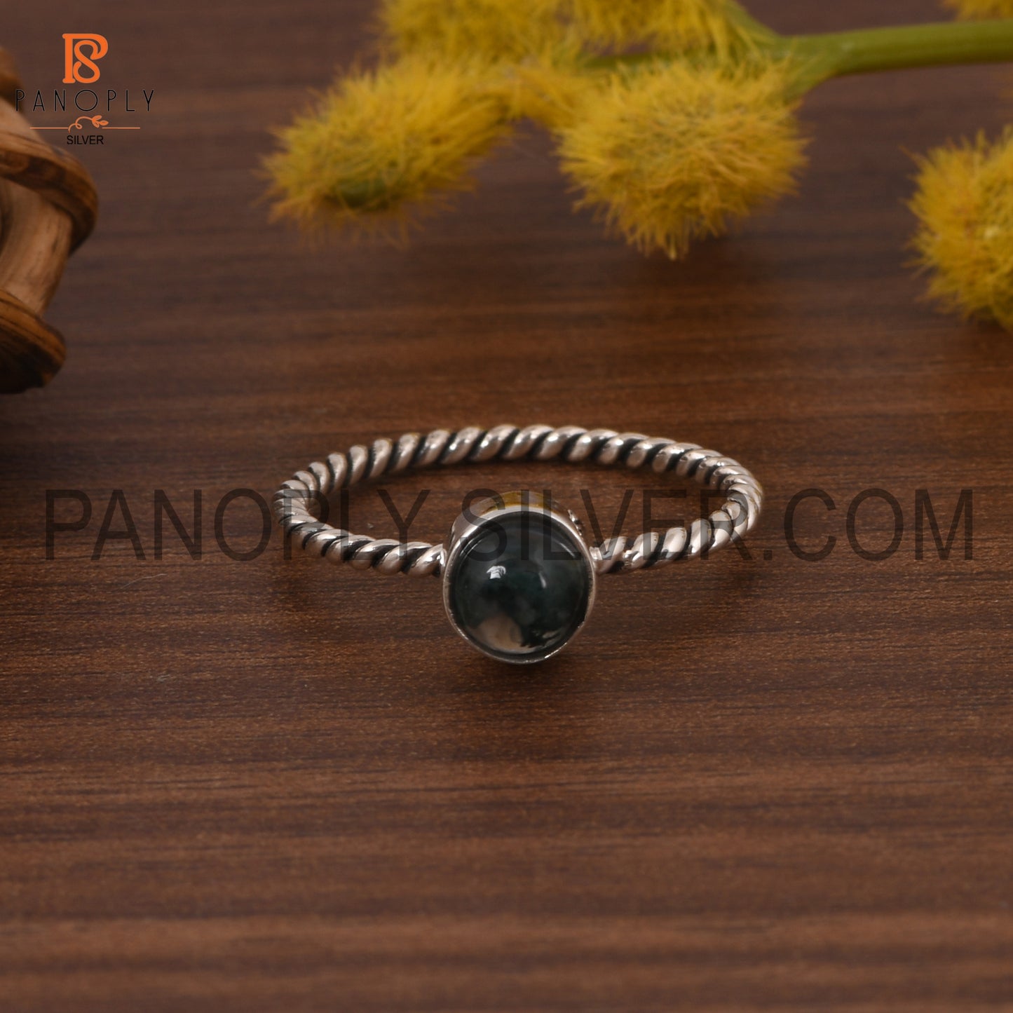 Round Moss Agate Oxidized Silver Twist Band Ring