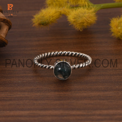Round Moss Agate Oxidized Silver Twist Band Ring