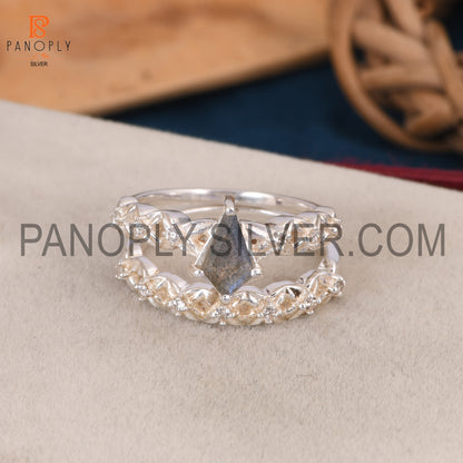 925 Silver Kite Labradorite & CZ Double Band Art Deco Rings