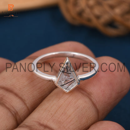 925 Silver Genuine Black Rutile Kite Shape Rings
