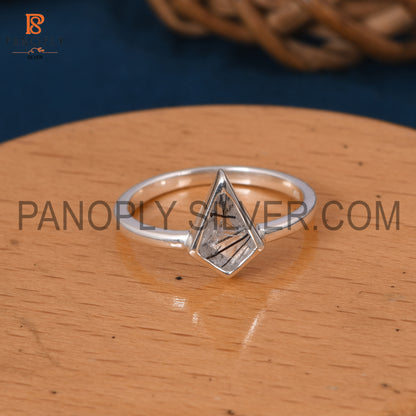 925 Silver Genuine Black Rutile Kite Shape Rings