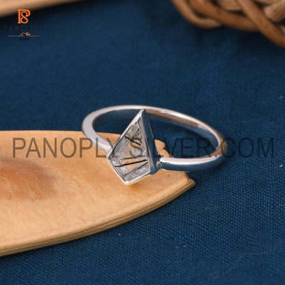 925 Silver Genuine Black Rutile Kite Shape Rings