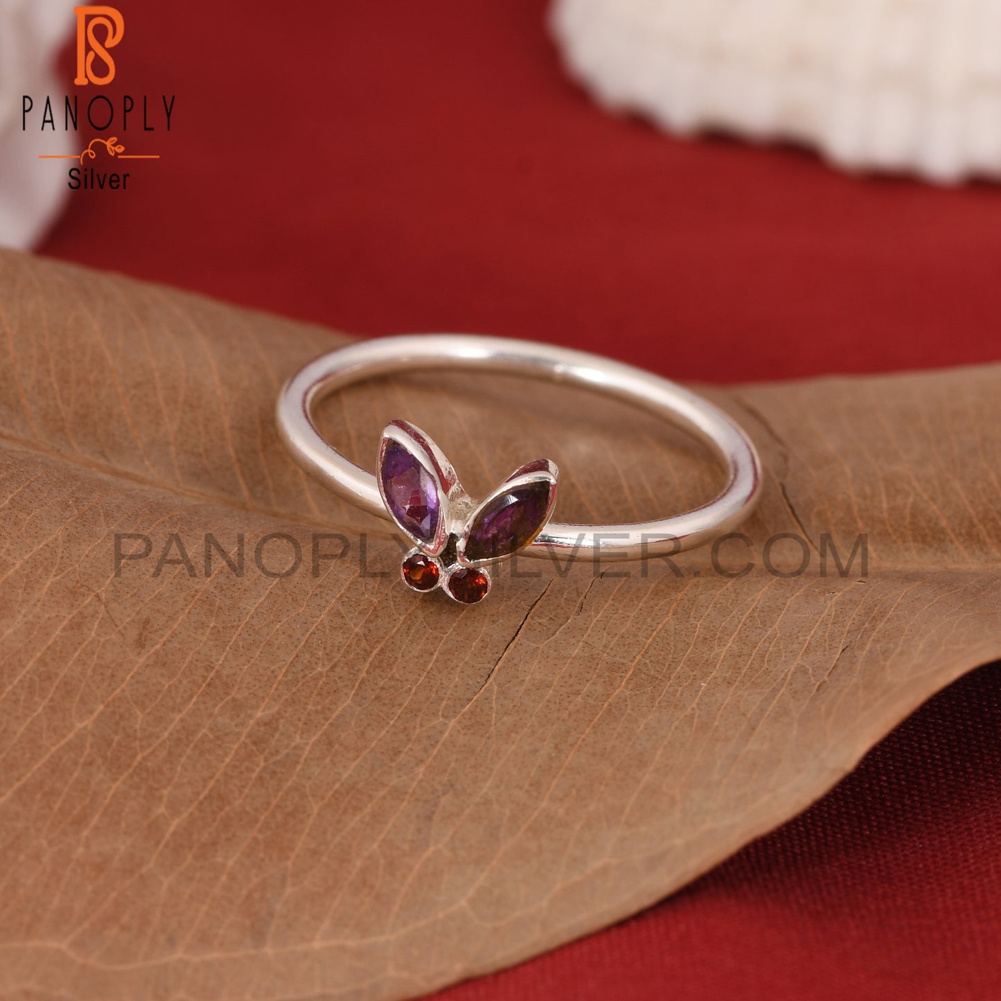 Natural Amethyst & Garnet Butterfly 925 Sterling Silver Rings