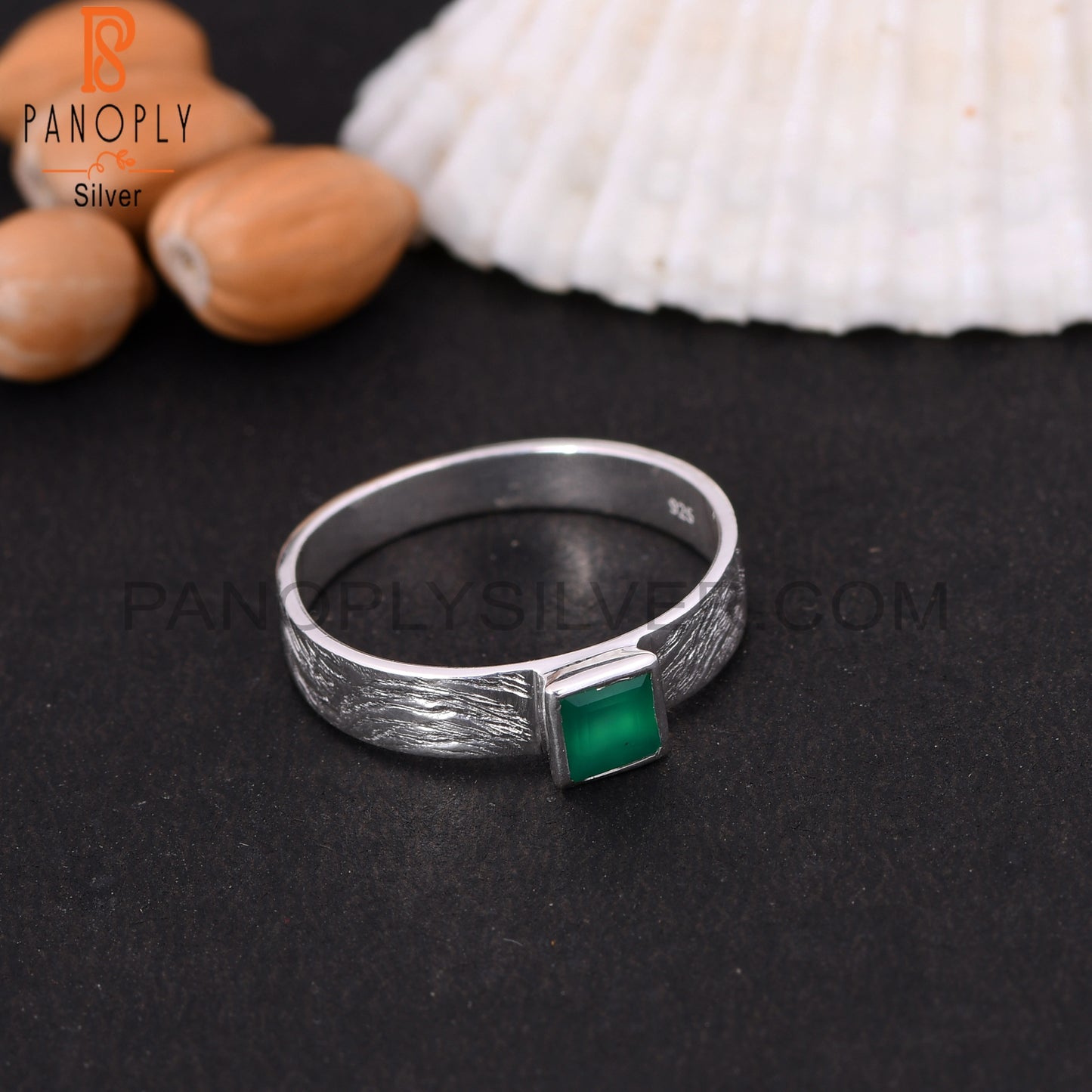 Green Onyx Simple Band S 925 Silver Stackable Rings