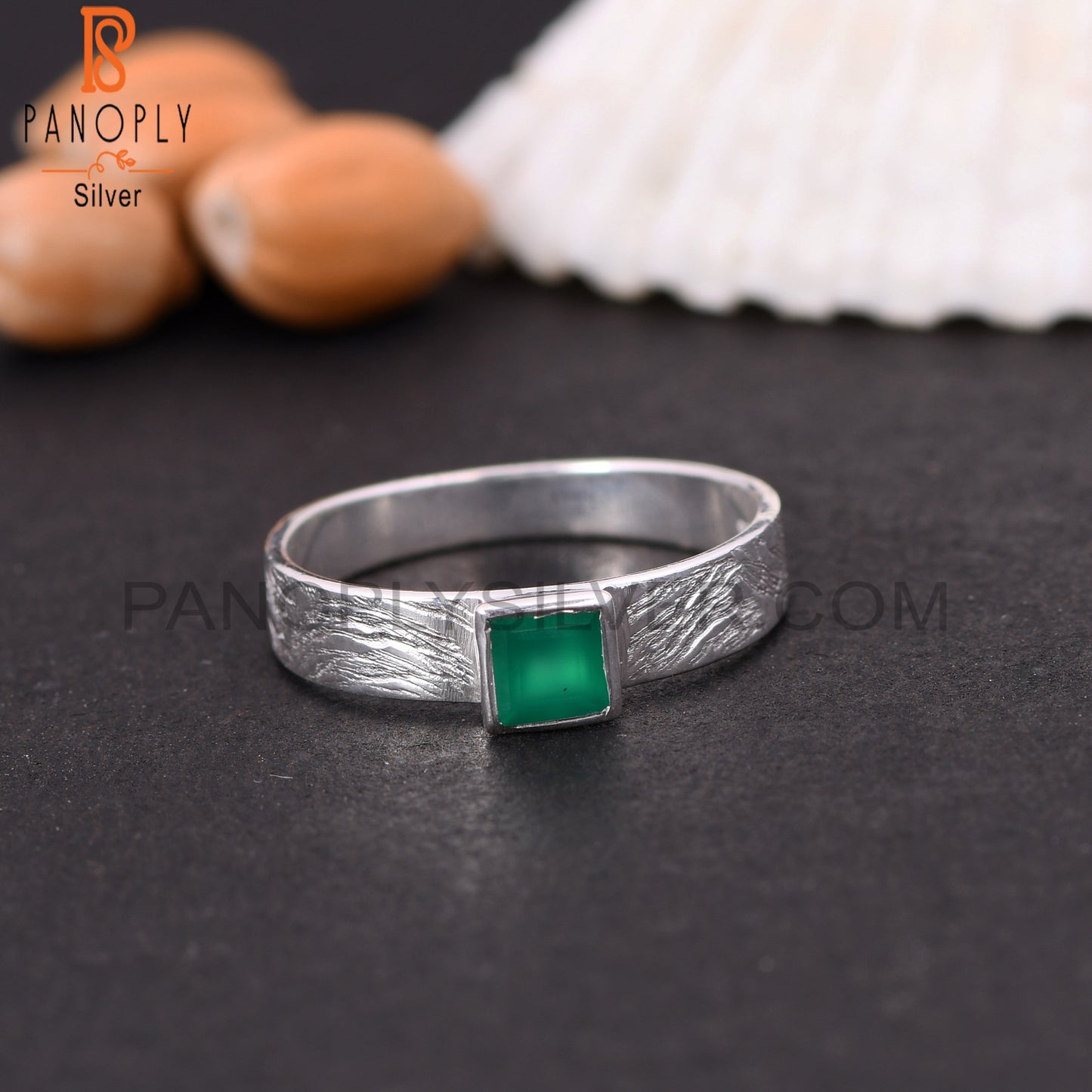 Green Onyx Simple Band S 925 Silver Stackable Rings