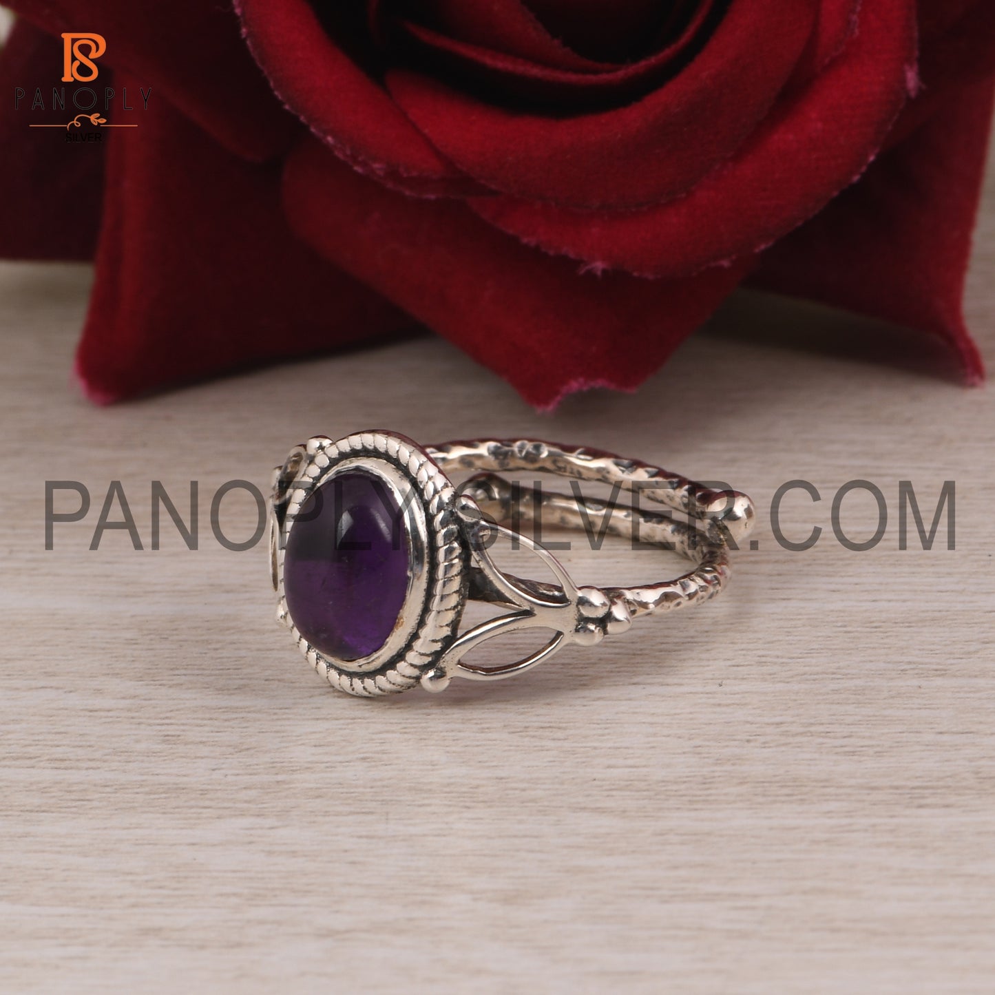 Amethyst Gemstone Adjustable Leaf Band Ring Birthstone Ring