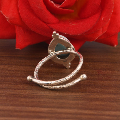 Sterling Silver Larimar Ring, Teardrop Shape, Handcrafted Boho Style