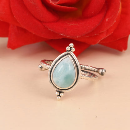 Sterling Silver Larimar Ring, Teardrop Shape, Handcrafted Boho Style