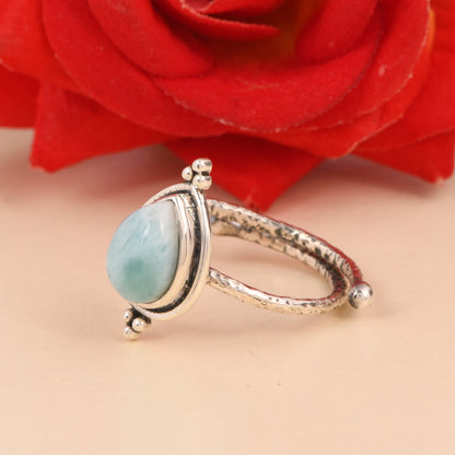 Sterling Silver Larimar Ring, Teardrop Shape, Handcrafted Boho Style