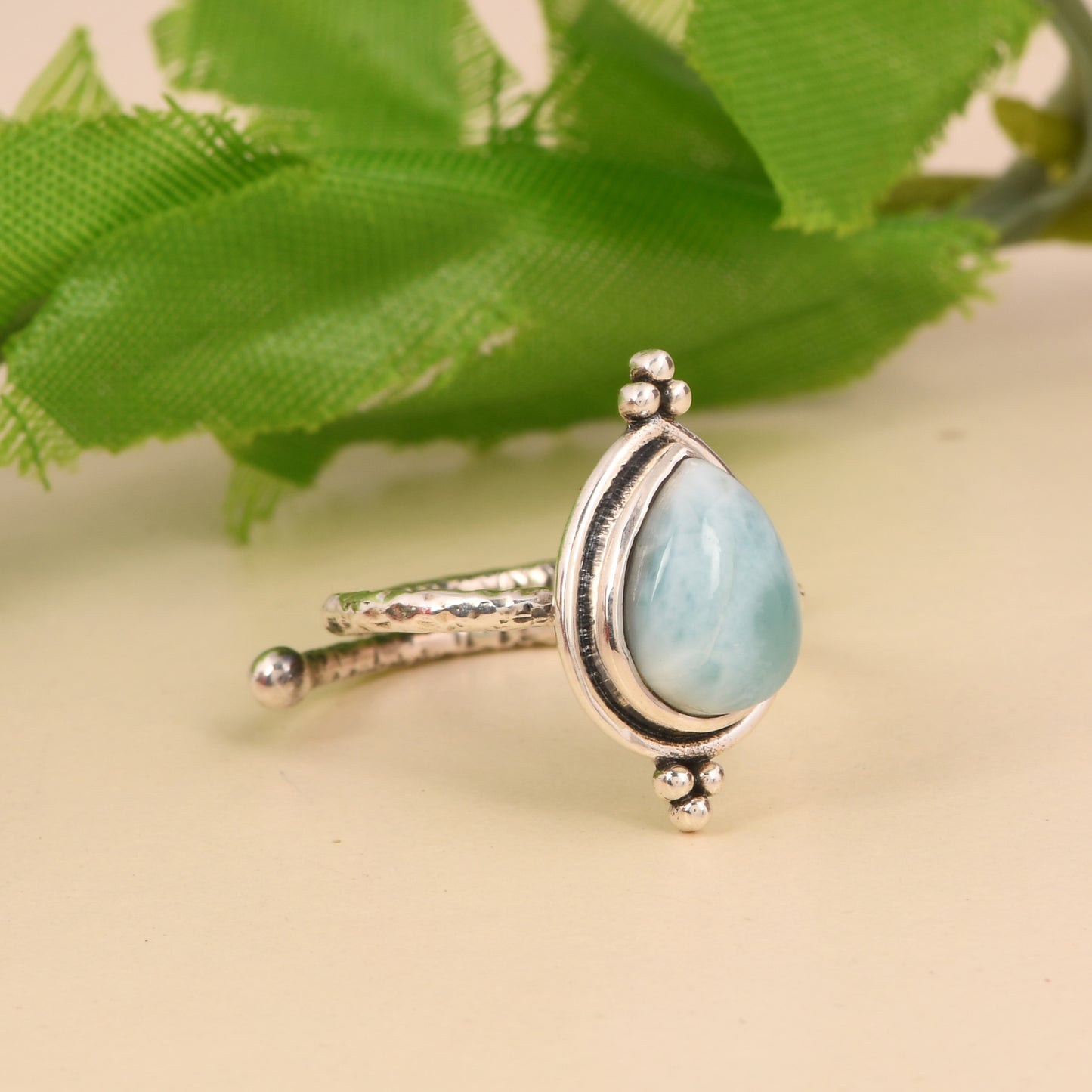 Sterling Silver Larimar Ring, Teardrop Shape, Handcrafted Boho Style