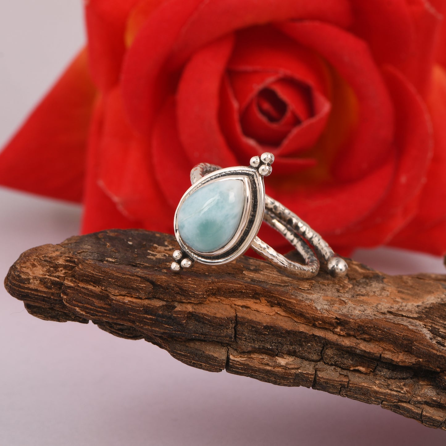 Sterling Silver Larimar Ring, Teardrop Shape, Handcrafted Boho Style