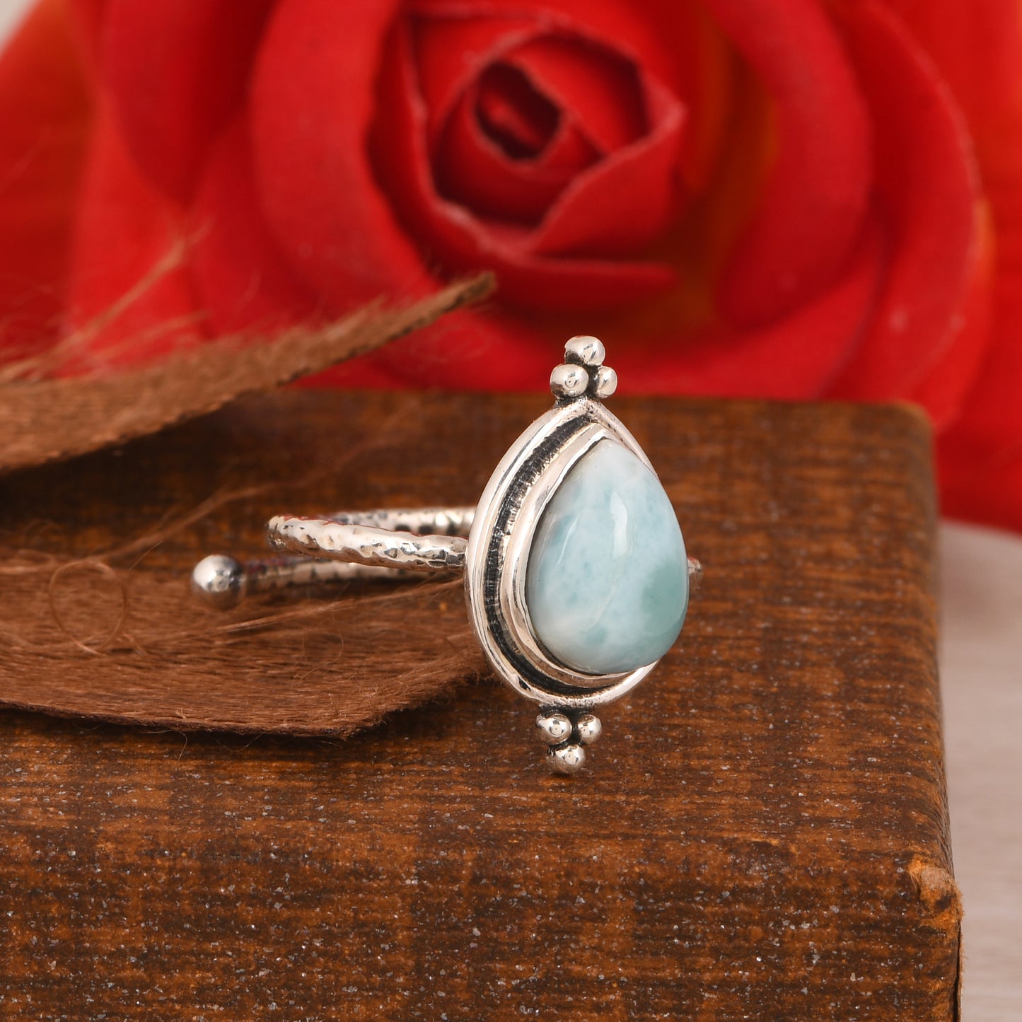 Sterling Silver Larimar Ring, Teardrop Shape, Handcrafted Boho Style