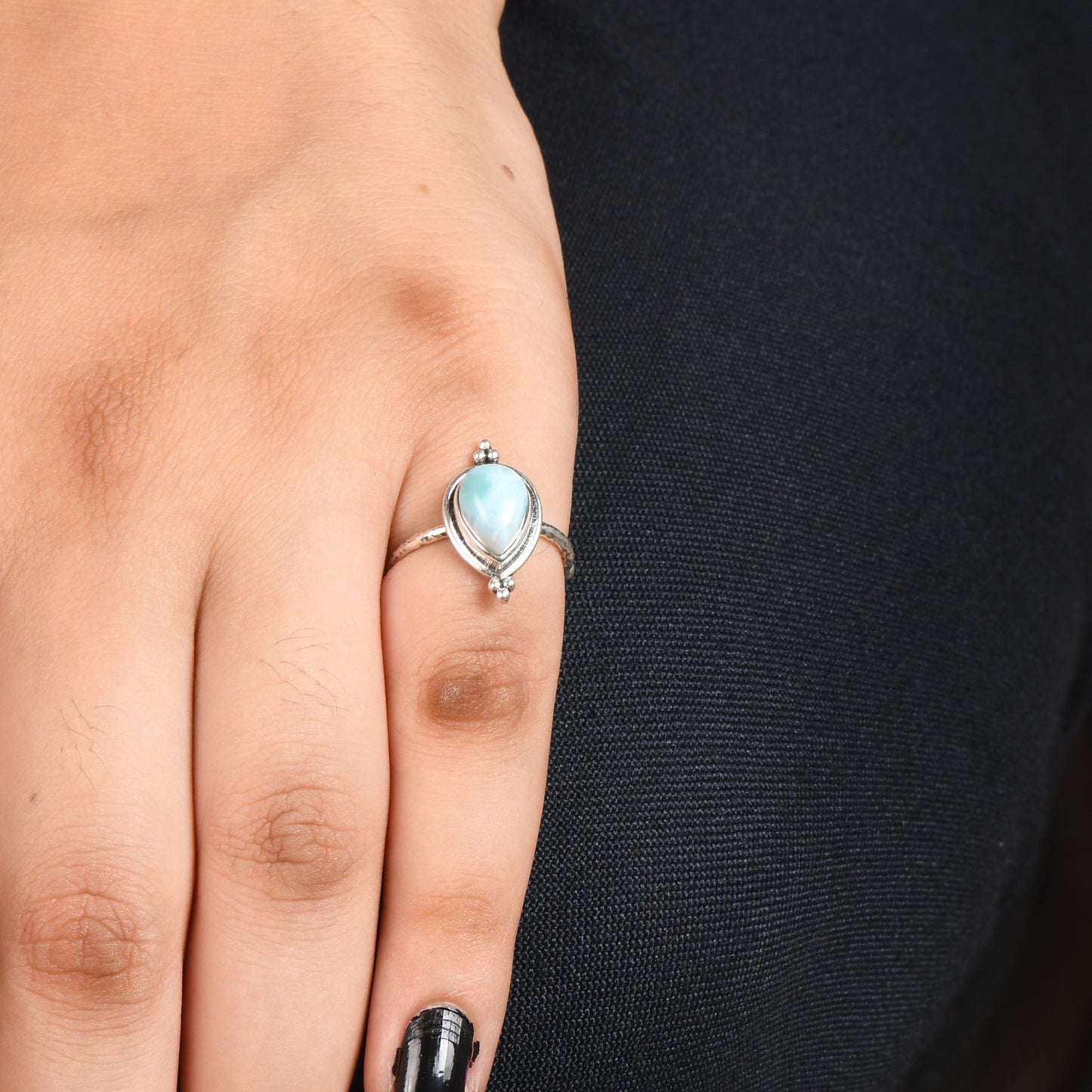 Sterling Silver Larimar Ring, Teardrop Shape, Handcrafted Boho Style
