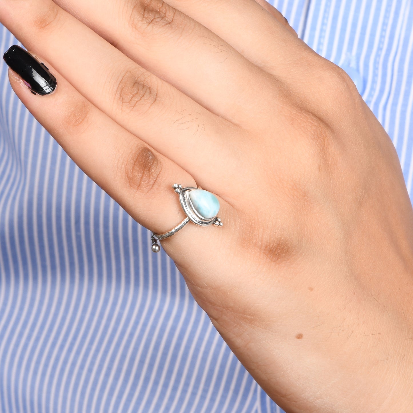 Sterling Silver Larimar Ring, Teardrop Shape, Handcrafted Boho Style