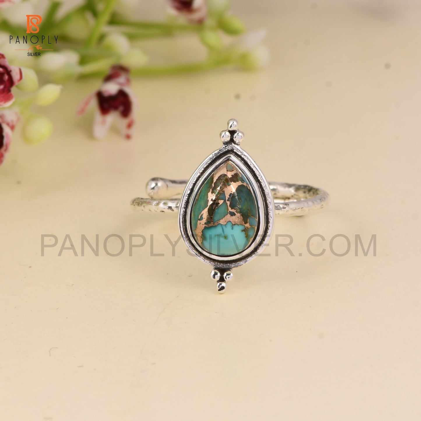 925 Sterling Silver Mojave Copper Turquoise Pear 10x7mm Hammered Ajustable Oxidized Ring