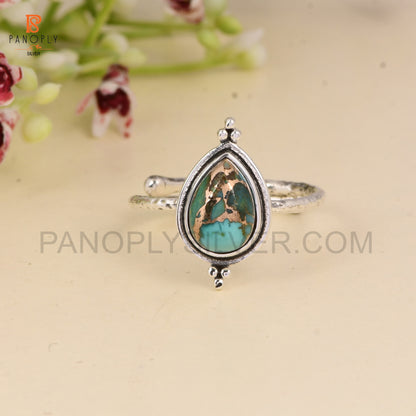 925 Sterling Silver Mojave Copper Turquoise Pear 10x7mm Hammered Ajustable Oxidized Ring