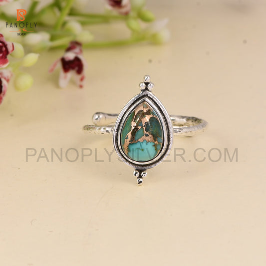 925 Sterling Silver Mojave Copper Turquoise Pear 10x7mm Hammered Ajustable Oxidized Ring