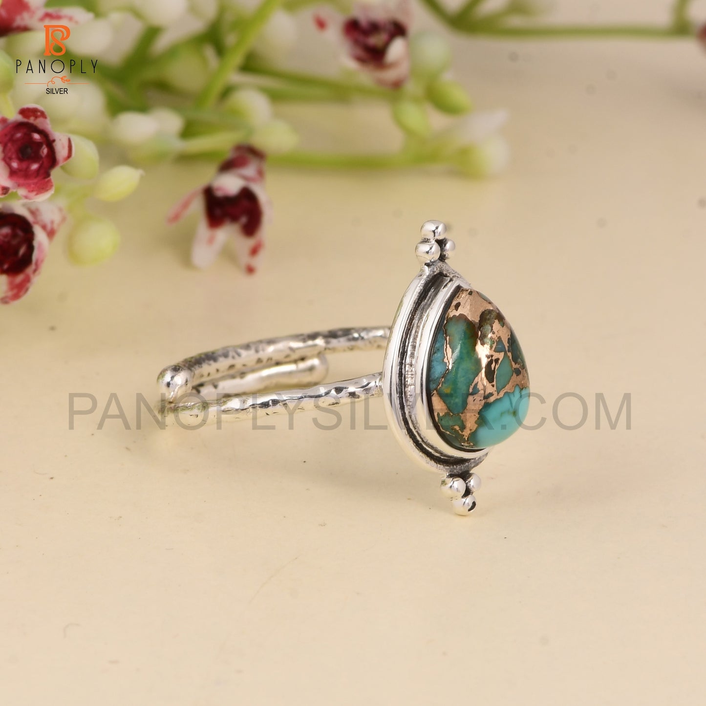 925 Sterling Silver Mojave Copper Turquoise Pear 10x7mm Hammered Ajustable Oxidized Ring