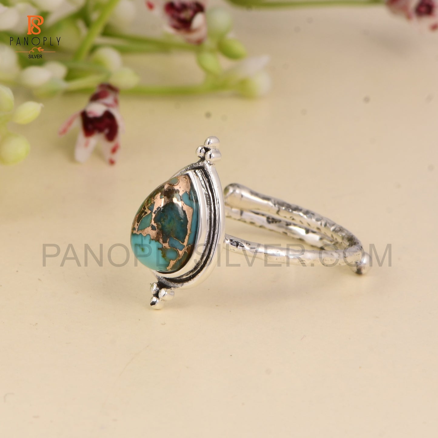 925 Sterling Silver Mojave Copper Turquoise Pear 10x7mm Hammered Ajustable Oxidized Ring