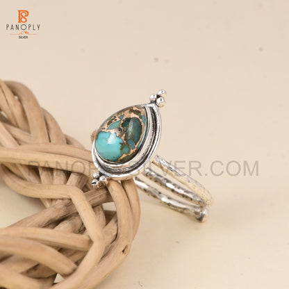 925 Sterling Silver Mojave Copper Turquoise Pear 10x7mm Hammered Ajustable Oxidized Ring