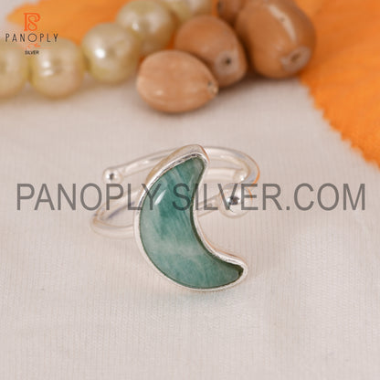 925 Silver Amazonite Moon Shape Adjustable Rings