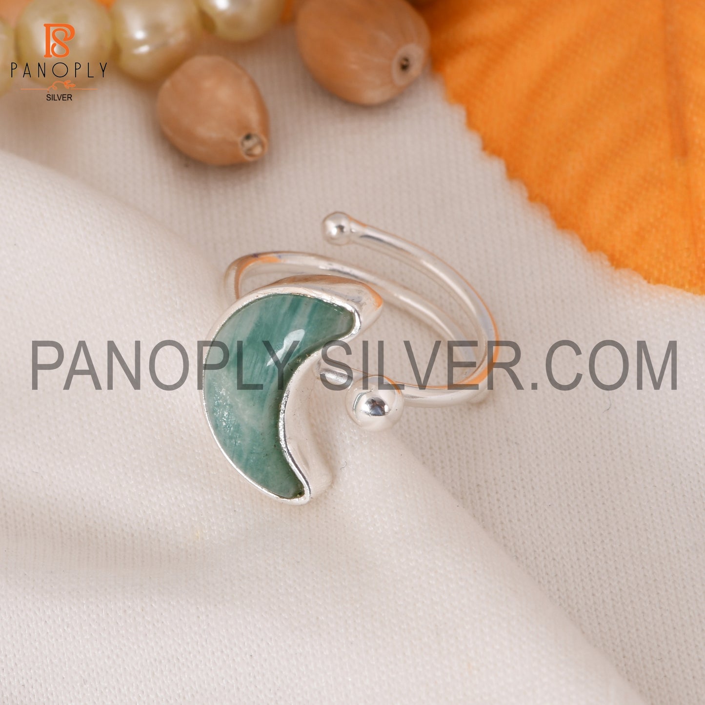 925 Silver Amazonite Moon Shape Adjustable Rings