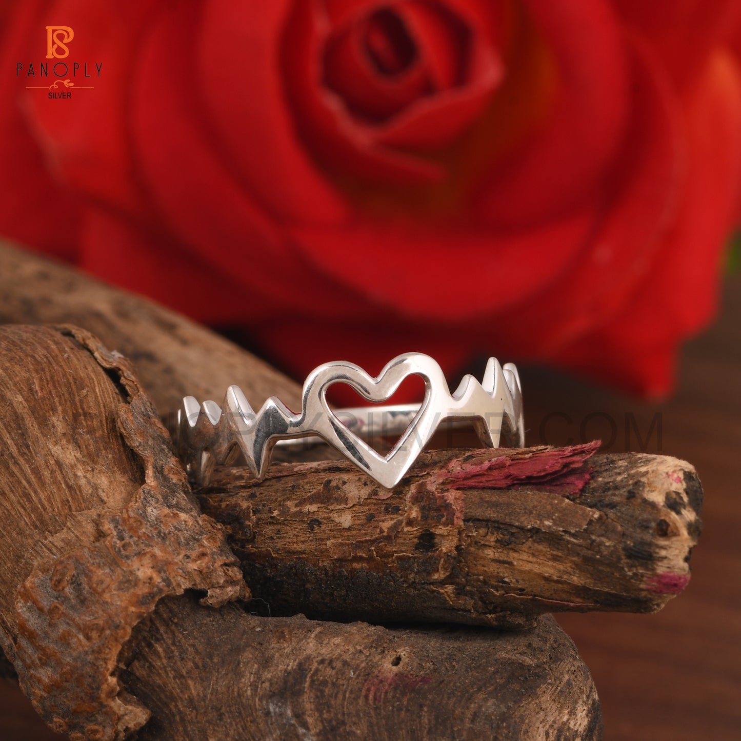 Silver Heartbeat Ring with Heart Design