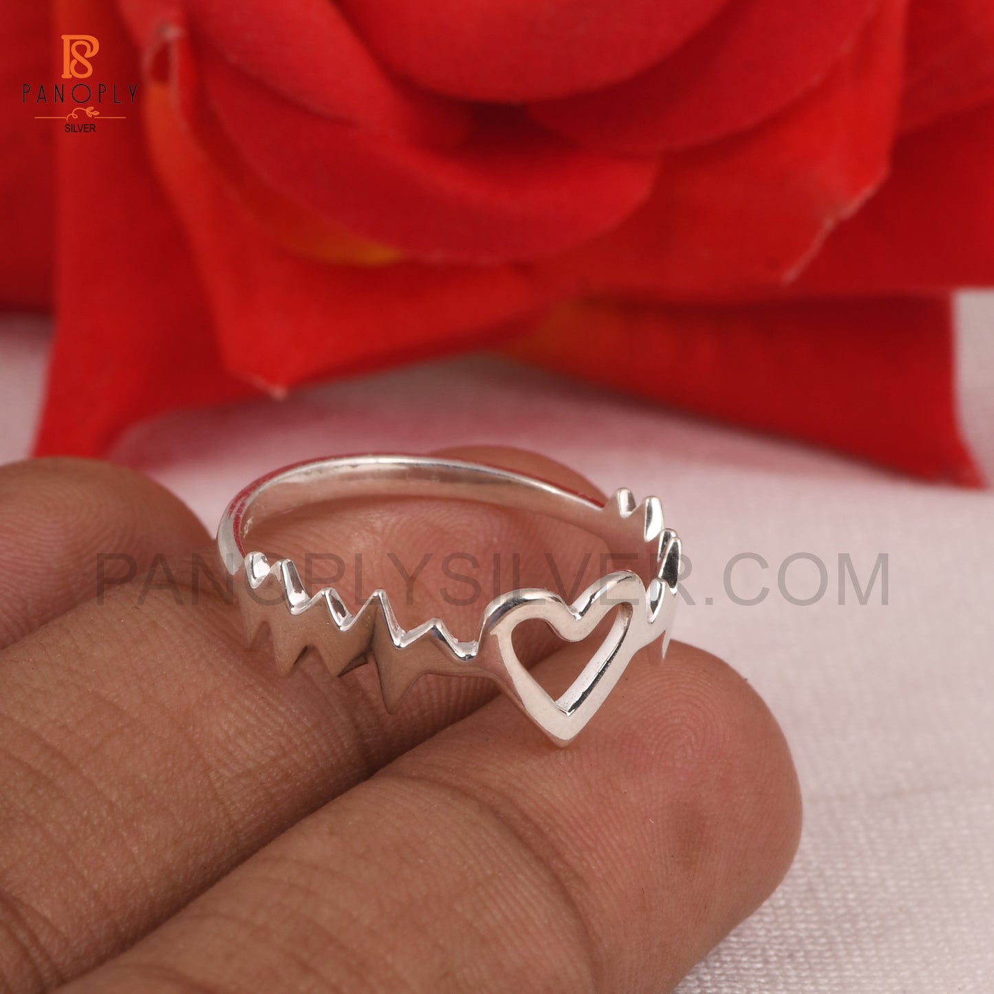 Silver Heartbeat Ring with Heart Design