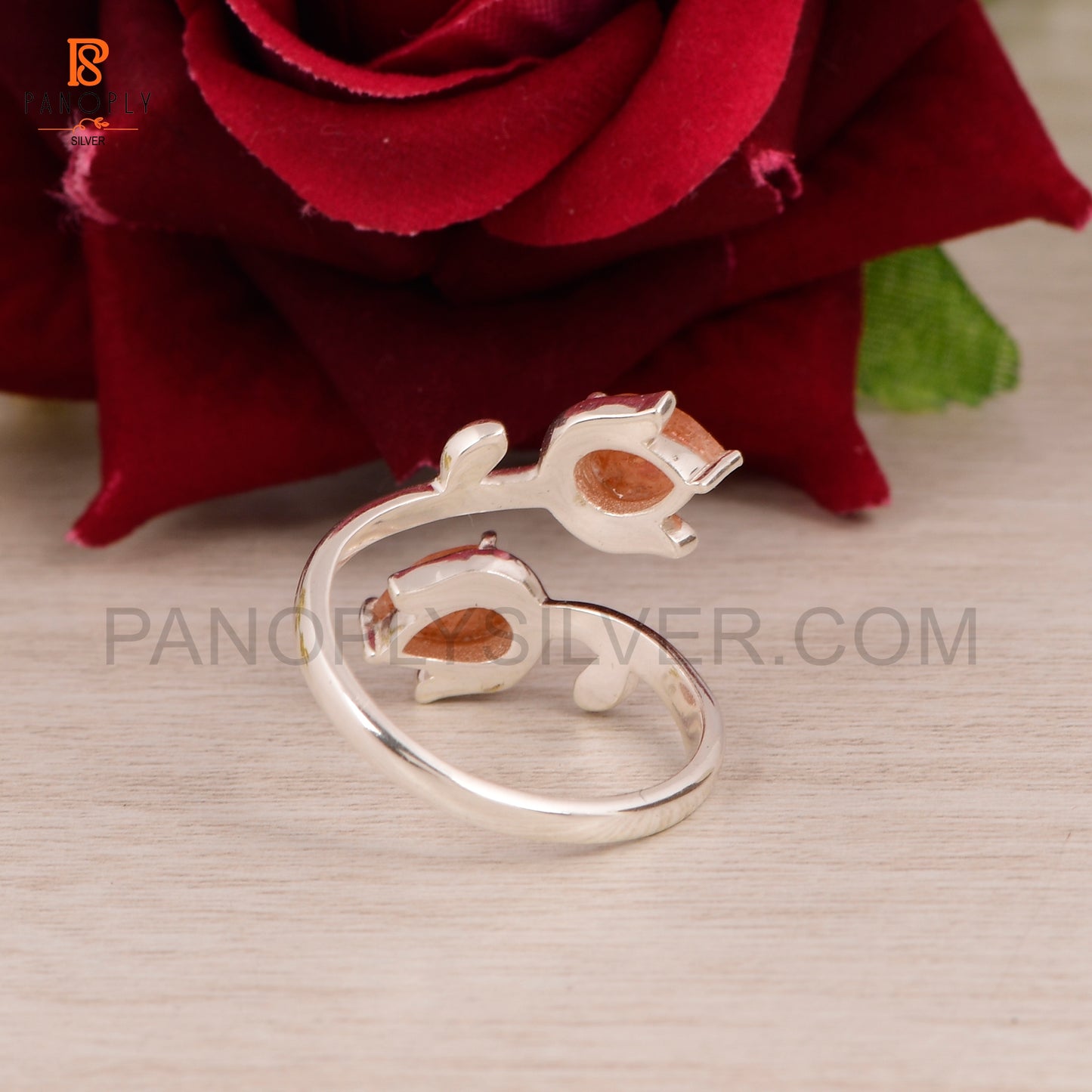 Sun Stone Natural Leaf Pear-Shaped Gemstone Adjustable Rings