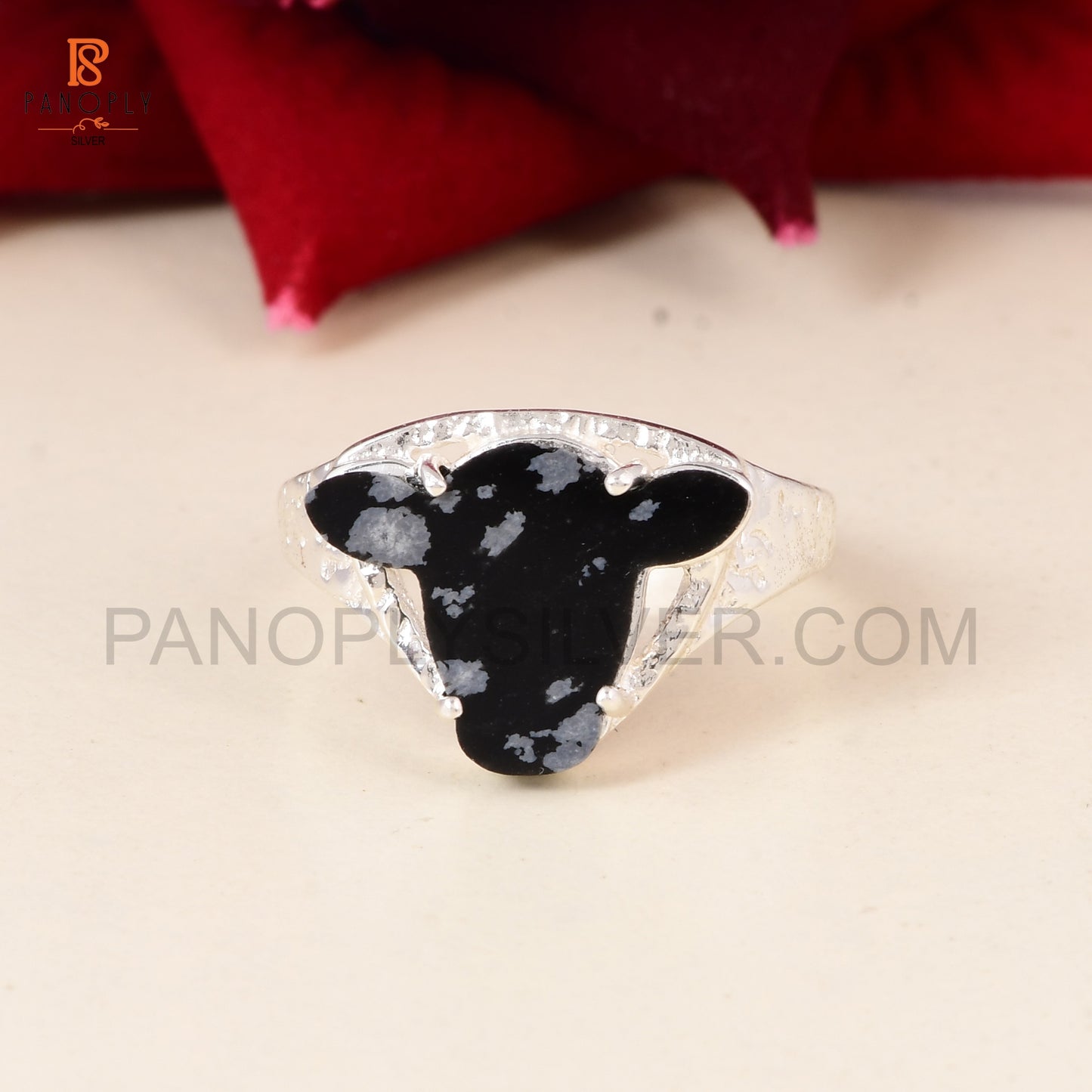 925 Silver Cow Head Ring with Snowflake Obsidian - Unique Animal Lover Jewelry