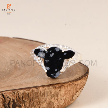 925 Silver Cow Head Ring with Snowflake Obsidian - Unique Animal Lover Jewelry