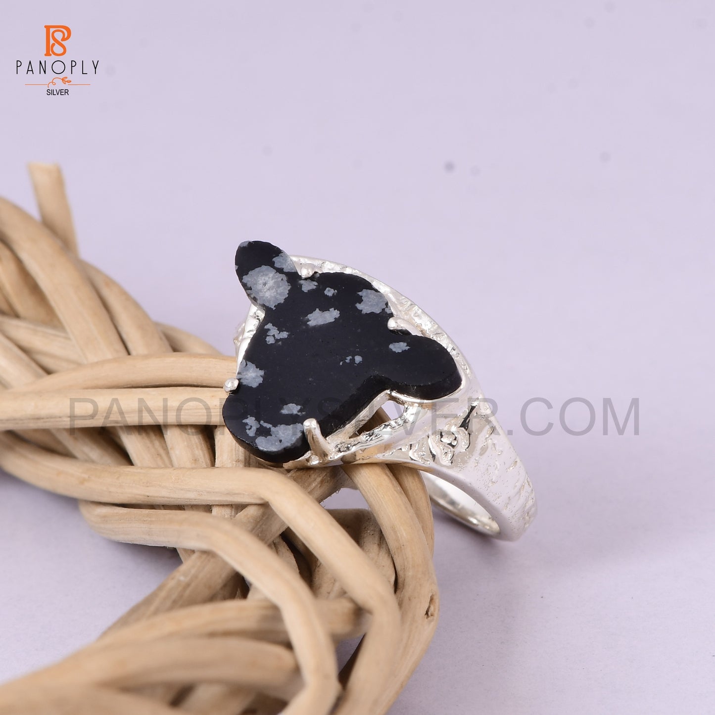 925 Silver Cow Head Ring with Snowflake Obsidian - Unique Animal Lover Jewelry
