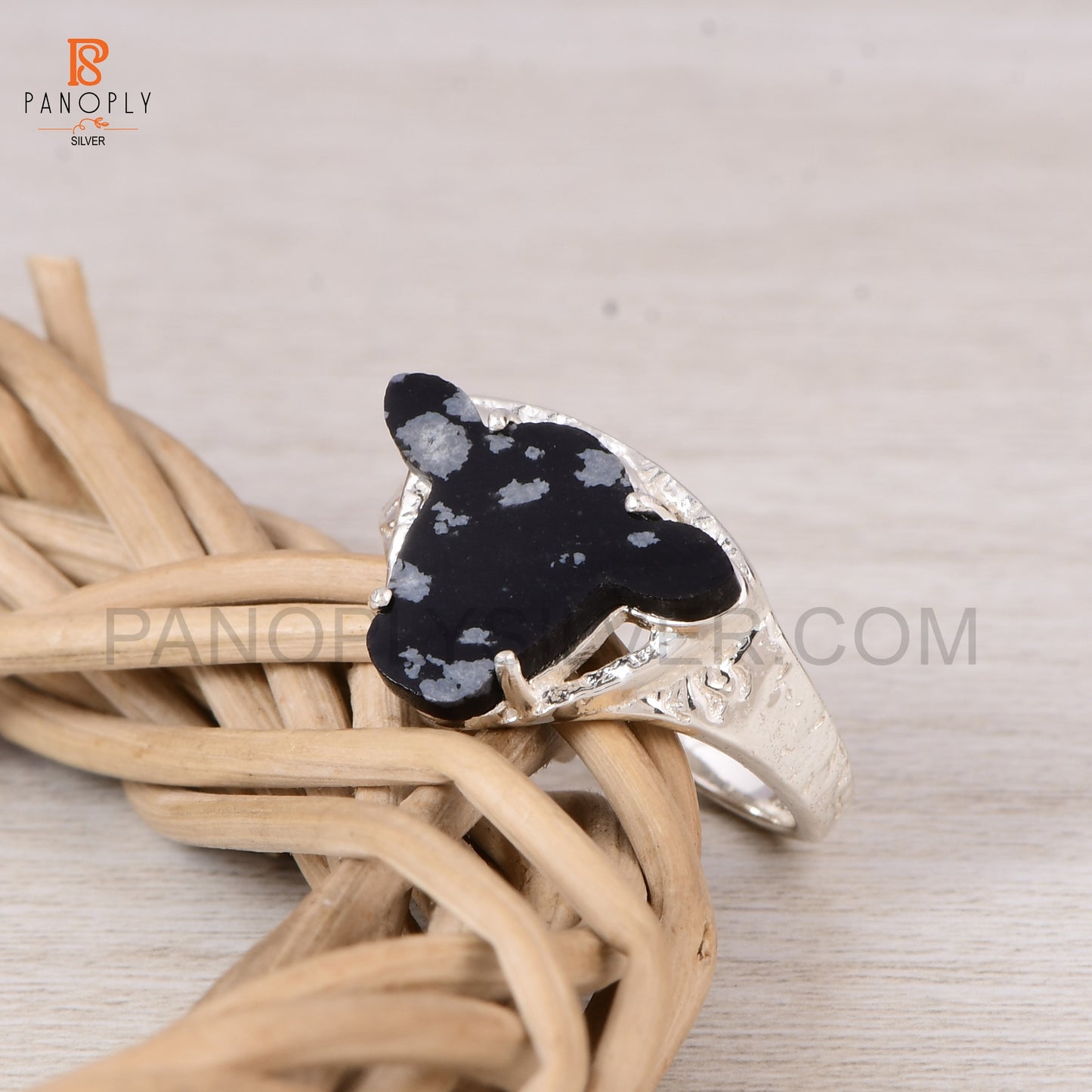 925 Silver Cow Head Ring with Snowflake Obsidian - Unique Animal Lover Jewelry