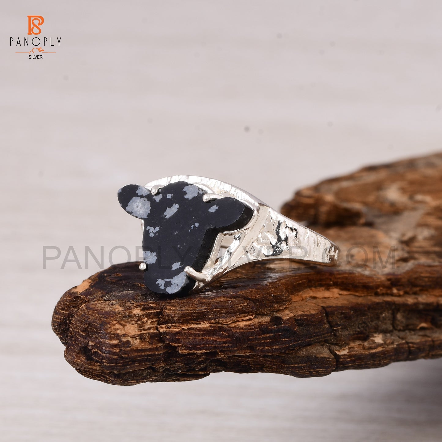 925 Silver Cow Head Ring with Snowflake Obsidian - Unique Animal Lover Jewelry
