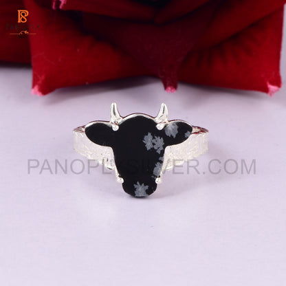 925 Silver Cow Head Ring with Snowflake Obsidian - Nature-Inspired Jewelry