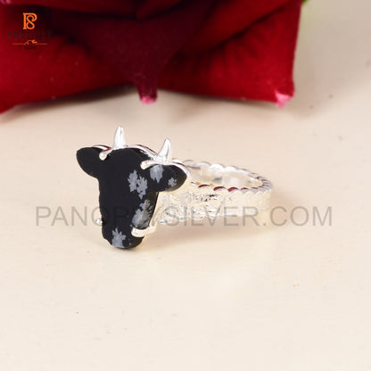 925 Silver Cow Head Ring with Snowflake Obsidian - Nature-Inspired Jewelry