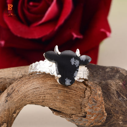 925 Silver Cow Head Ring with Snowflake Obsidian - Nature-Inspired Jewelry
