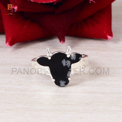 925 Silver Cow Head Ring with Snowflake Obsidian - Nature-Inspired Jewelry
