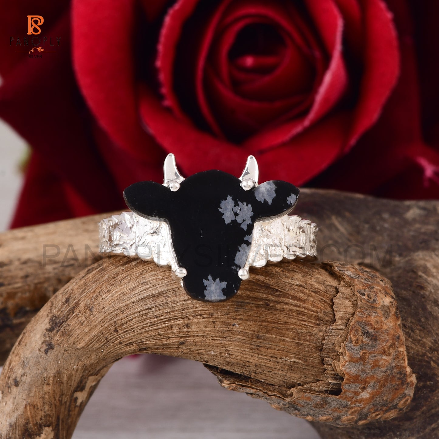 925 Silver Cow Head Ring with Snowflake Obsidian - Nature-Inspired Jewelry
