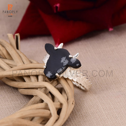 925 Silver Cow Head Ring with Snowflake Obsidian - Nature-Inspired Jewelry