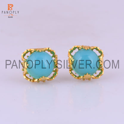 Aqua Chalcedony Filigree Band 925 18k Gold Plated Earrings