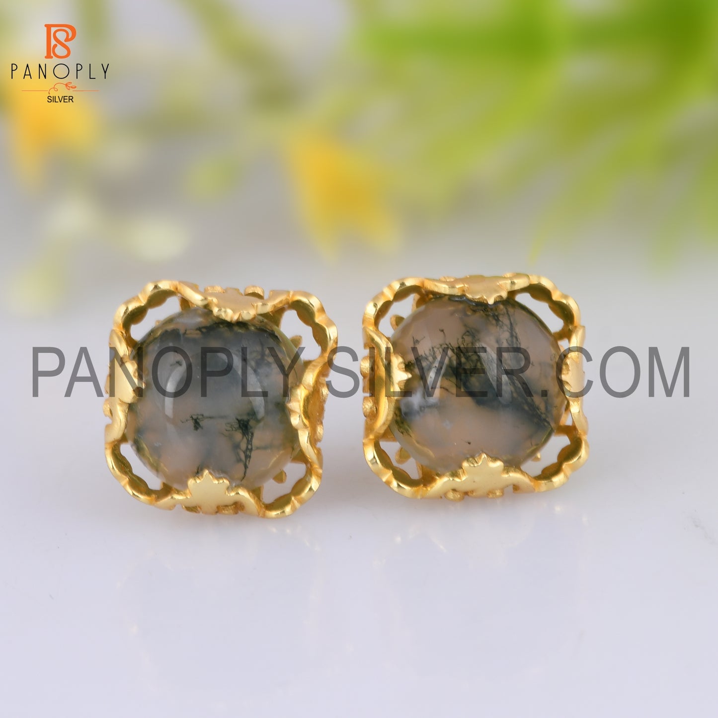 Moss Agate Gold On 925 Quality Silver Square Green Earrings