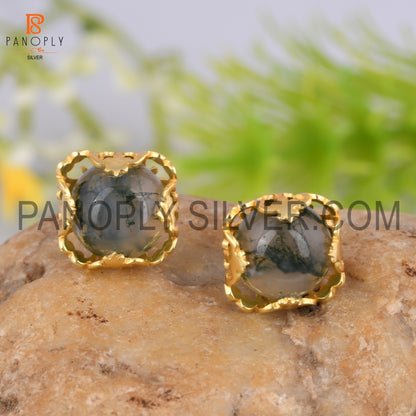 Moss Agate Gold On 925 Quality Silver Square Green Earrings