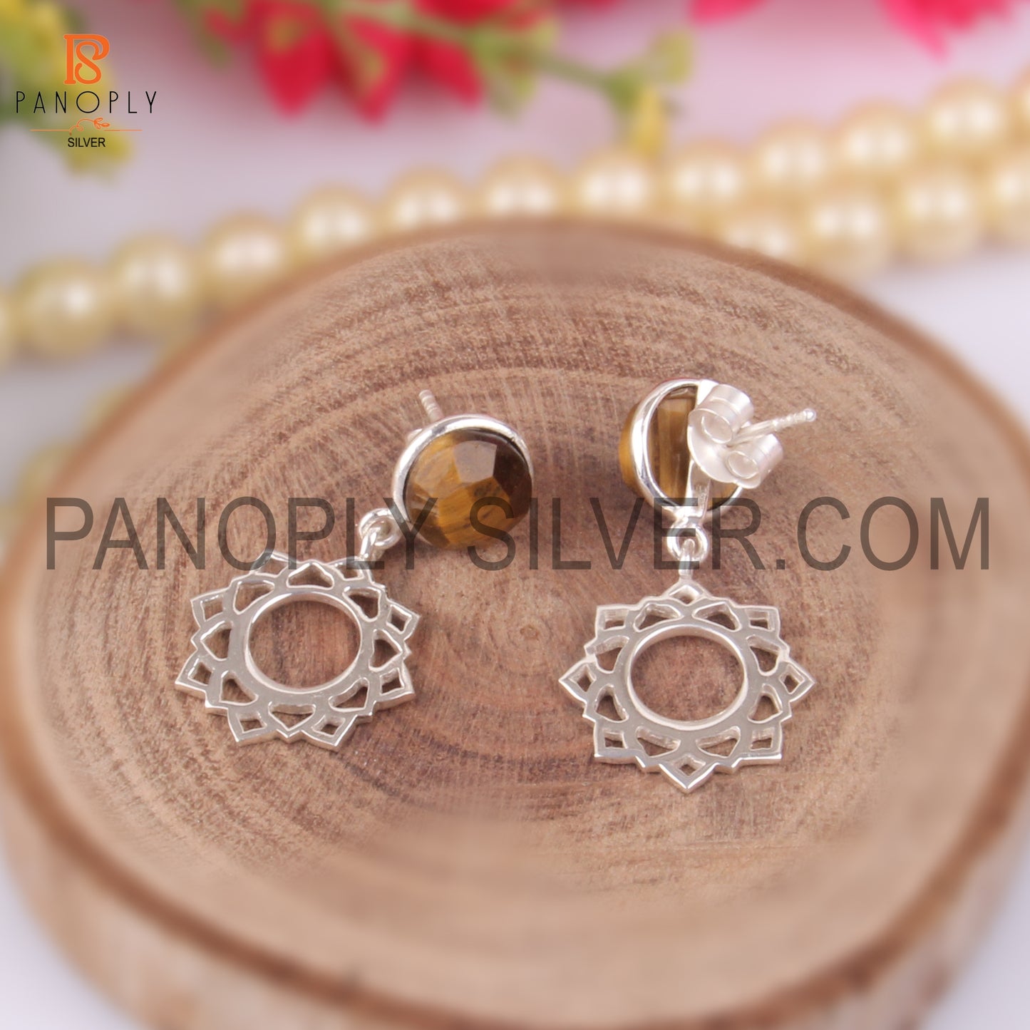 Tiger Eye Yellow Chakra Flower 925 Quality Silver Earrings