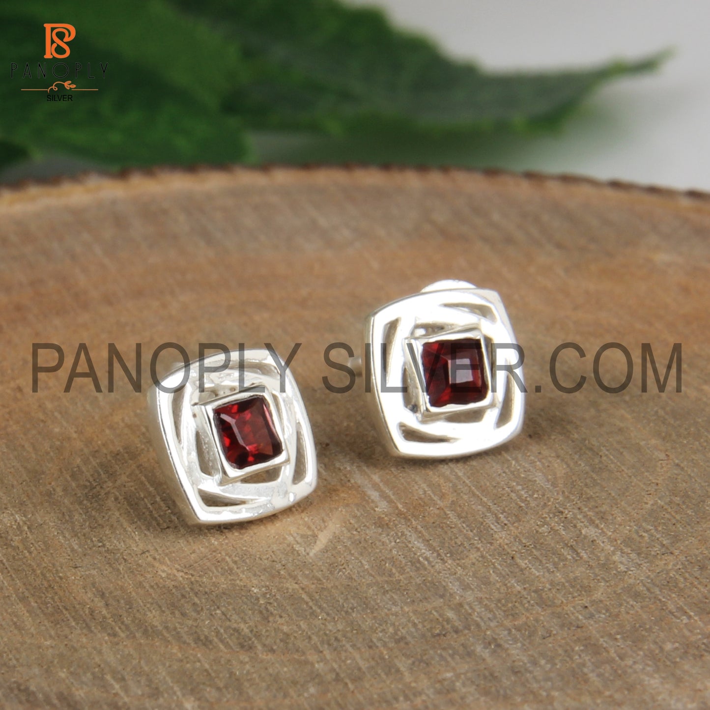 Square Shaped Fine 925 Sterling Silver Garnet Stud Earrings