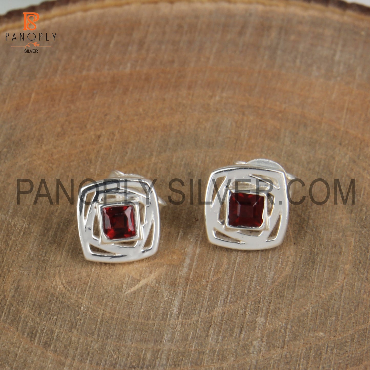 Square Shaped Fine 925 Sterling Silver Garnet Stud Earrings