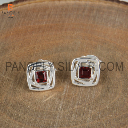 Square Shaped Fine 925 Sterling Silver Garnet Stud Earrings