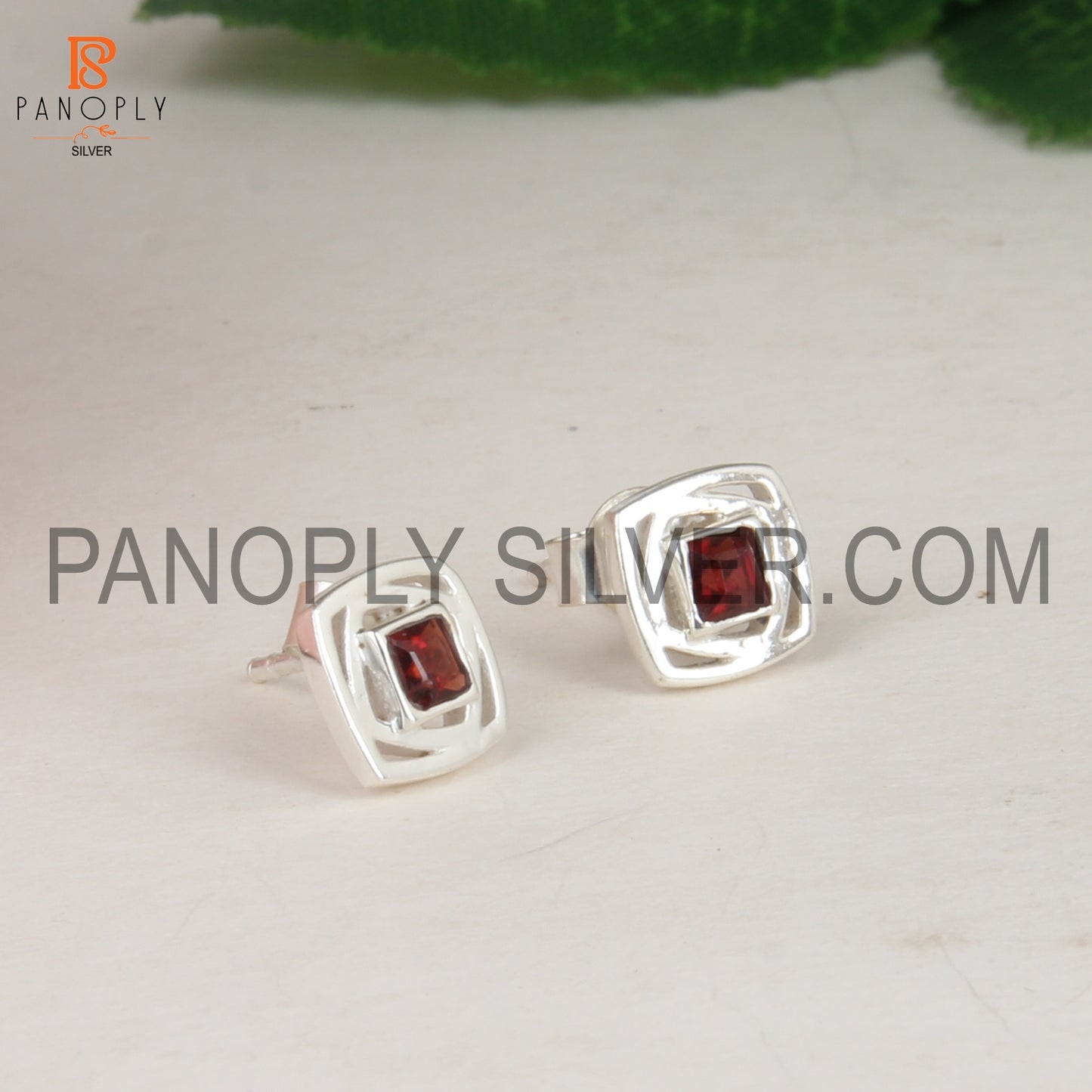 Square Shaped Fine 925 Sterling Silver Garnet Stud Earrings