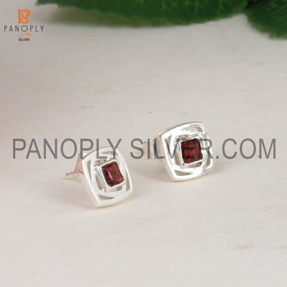 Square Shaped Fine 925 Sterling Silver Garnet Stud Earrings